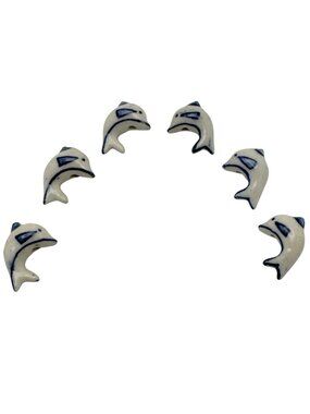 Hand-Painted Ceramic Dolphin Beads White Blue Set Of 6